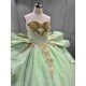 Mumuleo Sage Green Sparkly Tulle Quinceañera Dress | Strapless Gold Sequin Lace Ball Gown with Oversized Back Bow