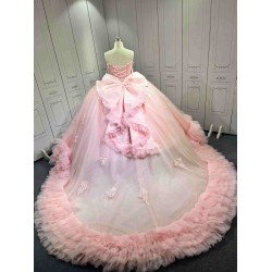 Pink Sparkly Tulle Quinceañera Dress | Sweetheart Crystal Beaded Ball Gown with Oversized Ruffle Back Bow