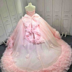 Pink Sparkly Tulle Quinceañera Dress | Sweetheart Crystal Beaded Ball Gown with Oversized Ruffle Back Bow