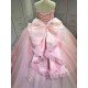 Pink Sparkly Tulle Quinceañera Dress | Sweetheart Crystal Beaded Ball Gown with Oversized Ruffle Back Bow