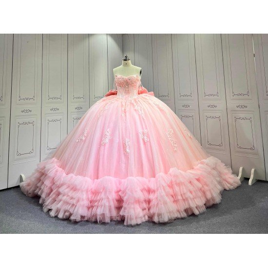 Pink Sparkly Tulle Quinceañera Dress | Sweetheart Crystal Beaded Ball Gown with Oversized Ruffle Back Bow