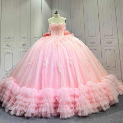 Pink Sparkly Tulle Quinceañera Dress | Sweetheart Crystal Beaded Ball Gown with Oversized Ruffle Back Bow