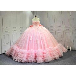 Pink Sparkly Tulle Quinceañera Dress | Sweetheart Crystal Beaded Ball Gown with Oversized Ruffle Back Bow