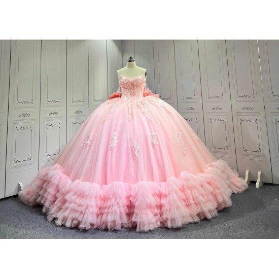 Pink Sparkly Tulle Quinceañera Dress | Sweetheart Crystal Beaded Ball Gown with Oversized Ruffle Back Bow