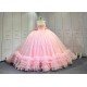 Pink Sparkly Tulle Quinceañera Dress | Sweetheart Crystal Beaded Ball Gown with Oversized Ruffle Back Bow