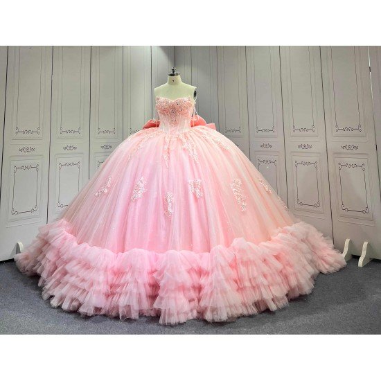 Pink Sparkly Tulle Quinceañera Dress | Sweetheart Crystal Beaded Ball Gown with Oversized Ruffle Back Bow