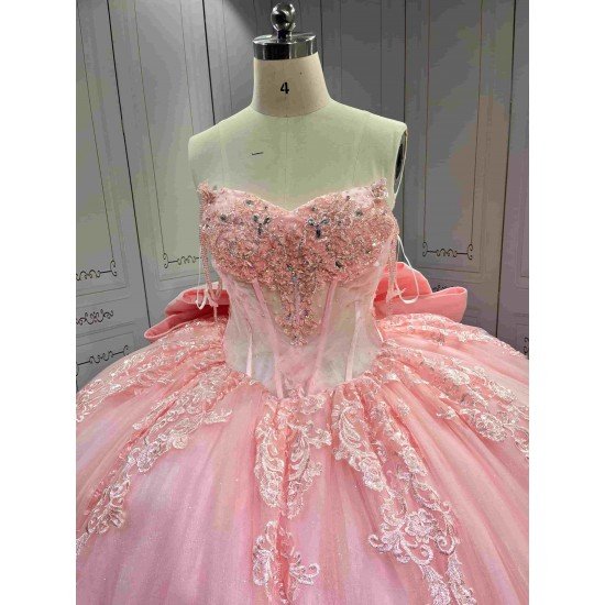 Pink Sparkly Tulle Quinceañera Dress | Sweetheart Crystal Beaded Ball Gown with Oversized Ruffle Back Bow