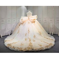Mumuleo Champagne Sparkly Quinceañera Dress | Sweetheart Rhinestone Corset Ball Gown with Gold Floral Lace & Oversized Back Bow