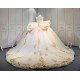 Mumuleo Champagne Sparkly Quinceañera Dress | Sweetheart Rhinestone Corset Ball Gown with Gold Floral Lace & Oversized Back Bow