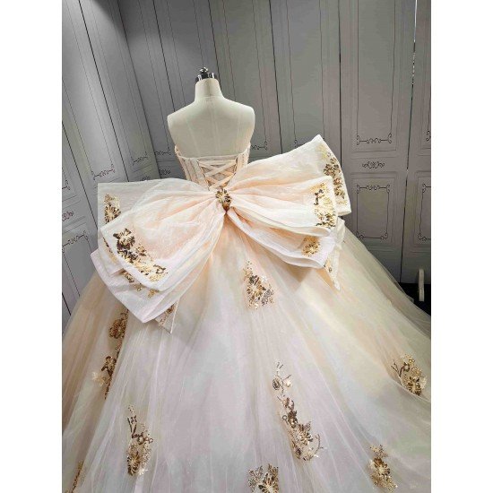 Mumuleo Champagne Sparkly Quinceañera Dress | Sweetheart Rhinestone Corset Ball Gown with Gold Floral Lace & Oversized Back Bow