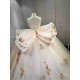 Mumuleo Champagne Sparkly Quinceañera Dress | Sweetheart Rhinestone Corset Ball Gown with Gold Floral Lace & Oversized Back Bow