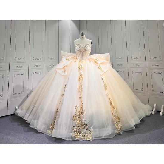 Mumuleo Champagne Sparkly Quinceañera Dress | Sweetheart Rhinestone Corset Ball Gown with Gold Floral Lace & Oversized Back Bow