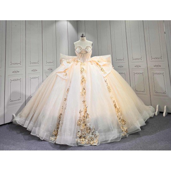 Mumuleo Champagne Sparkly Quinceañera Dress | Sweetheart Rhinestone Corset Ball Gown with Gold Floral Lace & Oversized Back Bow
