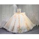 Mumuleo Champagne Sparkly Quinceañera Dress | Sweetheart Rhinestone Corset Ball Gown with Gold Floral Lace & Oversized Back Bow