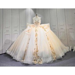 Mumuleo Champagne Sparkly Quinceañera Dress | Sweetheart Rhinestone Corset Ball Gown with Gold Floral Lace & Oversized Back Bow
