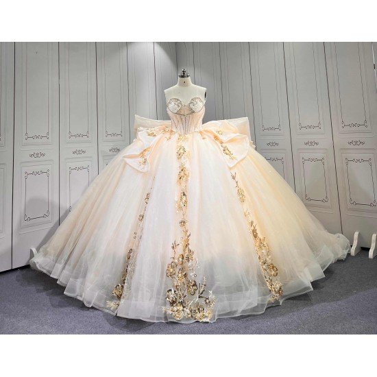 Mumuleo Champagne Sparkly Quinceañera Dress | Sweetheart Rhinestone Corset Ball Gown with Gold Floral Lace & Oversized Back Bow
