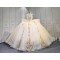 Mumuleo Champagne Sparkly Quinceañera Dress | Sweetheart Rhinestone Corset Ball Gown with Gold Floral Lace & Oversized Back Bow