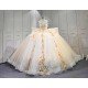 Mumuleo Champagne Sparkly Quinceañera Dress | Sweetheart Rhinestone Corset Ball Gown with Gold Floral Lace & Oversized Back Bow