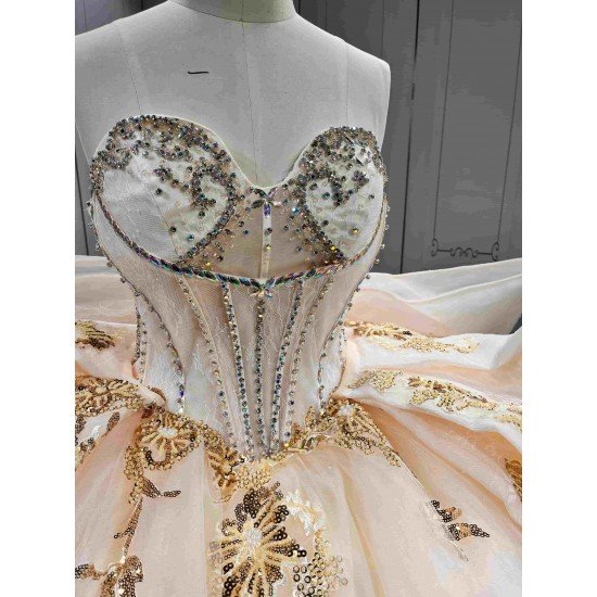 Mumuleo Champagne Sparkly Quinceañera Dress | Sweetheart Rhinestone Corset Ball Gown with Gold Floral Lace & Oversized Back Bow