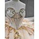 Mumuleo Champagne Sparkly Quinceañera Dress | Sweetheart Rhinestone Corset Ball Gown with Gold Floral Lace & Oversized Back Bow