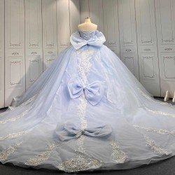 Mumuleo Sky Blue Glitter Quinceañera Dress | Off Shoulder Rhinestone Corset Ball Gown with White Lace & Multiple Large Tulle Bows