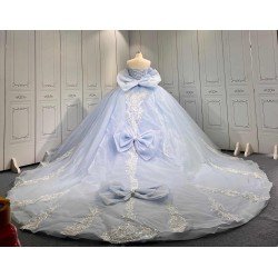 Mumuleo Sky Blue Glitter Quinceañera Dress | Off Shoulder Rhinestone Corset Ball Gown with White Lace & Multiple Large Tulle Bows