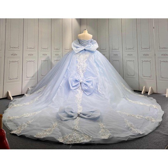 Mumuleo Sky Blue Glitter Quinceañera Dress | Off Shoulder Rhinestone Corset Ball Gown with White Lace & Multiple Large Tulle Bows