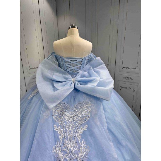 Mumuleo Sky Blue Glitter Quinceañera Dress | Off Shoulder Rhinestone Corset Ball Gown with White Lace & Multiple Large Tulle Bows