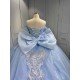 Mumuleo Sky Blue Glitter Quinceañera Dress | Off Shoulder Rhinestone Corset Ball Gown with White Lace & Multiple Large Tulle Bows