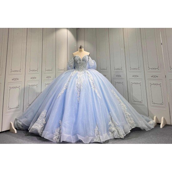 Mumuleo Sky Blue Glitter Quinceañera Dress | Off Shoulder Rhinestone Corset Ball Gown with White Lace & Multiple Large Tulle Bows