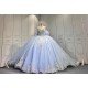 Mumuleo Sky Blue Glitter Quinceañera Dress | Off Shoulder Rhinestone Corset Ball Gown with White Lace & Multiple Large Tulle Bows