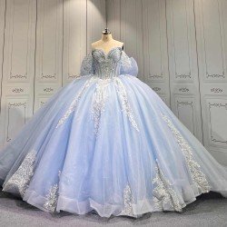 Mumuleo Sky Blue Glitter Quinceañera Dress | Off Shoulder Rhinestone Corset Ball Gown with White Lace & Multiple Large Tulle Bows
