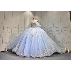 Mumuleo Sky Blue Glitter Quinceañera Dress | Off Shoulder Rhinestone Corset Ball Gown with White Lace & Multiple Large Tulle Bows