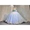 Mumuleo Sky Blue Glitter Quinceañera Dress | Off Shoulder Rhinestone Corset Ball Gown with White Lace & Multiple Large Tulle Bows