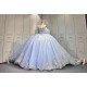 Mumuleo Sky Blue Glitter Quinceañera Dress | Off Shoulder Rhinestone Corset Ball Gown with White Lace & Multiple Large Tulle Bows