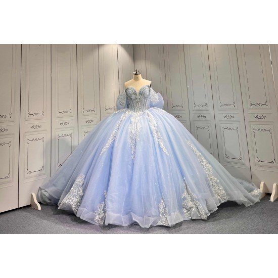 Mumuleo Sky Blue Glitter Quinceañera Dress | Off Shoulder Rhinestone Corset Ball Gown with White Lace & Multiple Large Tulle Bows