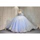 Mumuleo Sky Blue Glitter Quinceañera Dress | Off Shoulder Rhinestone Corset Ball Gown with White Lace & Multiple Large Tulle Bows