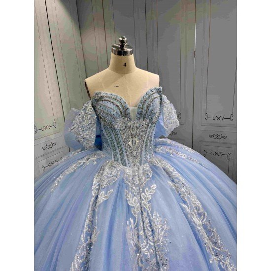 Mumuleo Sky Blue Glitter Quinceañera Dress | Off Shoulder Rhinestone Corset Ball Gown with White Lace & Multiple Large Tulle Bows