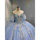 Mumuleo Sky Blue Glitter Quinceañera Dress | Off Shoulder Rhinestone Corset Ball Gown with White Lace & Multiple Large Tulle Bows