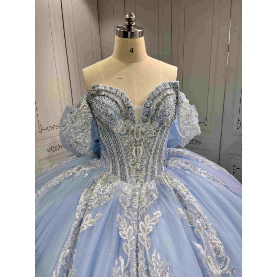 Mumuleo Sky Blue Glitter Quinceañera Dress | Off Shoulder Rhinestone Corset Ball Gown with White Lace & Multiple Large Tulle Bows
