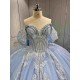 Mumuleo Sky Blue Glitter Quinceañera Dress | Off Shoulder Rhinestone Corset Ball Gown with White Lace & Multiple Large Tulle Bows