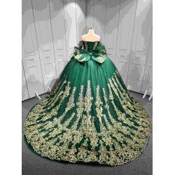 Mumuleo Emerald Green Quinceañera Dress | Off Shoulder Sweetheart Ballgown with Gold Sequin Lace, Detachable Sleeves & Giant Back Bow