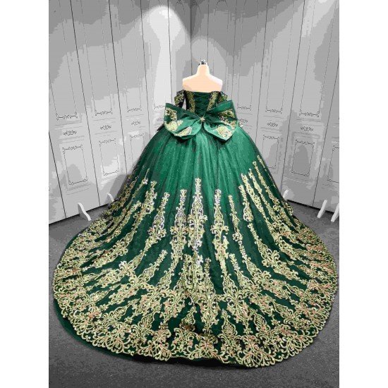 Mumuleo Emerald Green Quinceañera Dress | Off Shoulder Sweetheart Ballgown with Gold Sequin Lace, Detachable Sleeves & Giant Back Bow