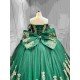 Mumuleo Emerald Green Quinceañera Dress | Off Shoulder Sweetheart Ballgown with Gold Sequin Lace, Detachable Sleeves & Giant Back Bow