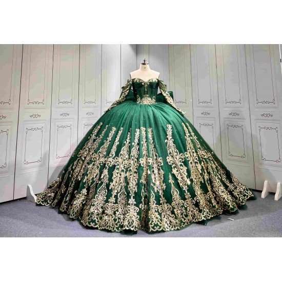 Mumuleo Emerald Green Quinceañera Dress | Off Shoulder Sweetheart Ballgown with Gold Sequin Lace, Detachable Sleeves & Giant Back Bow