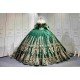 Mumuleo Emerald Green Quinceañera Dress | Off Shoulder Sweetheart Ballgown with Gold Sequin Lace, Detachable Sleeves & Giant Back Bow