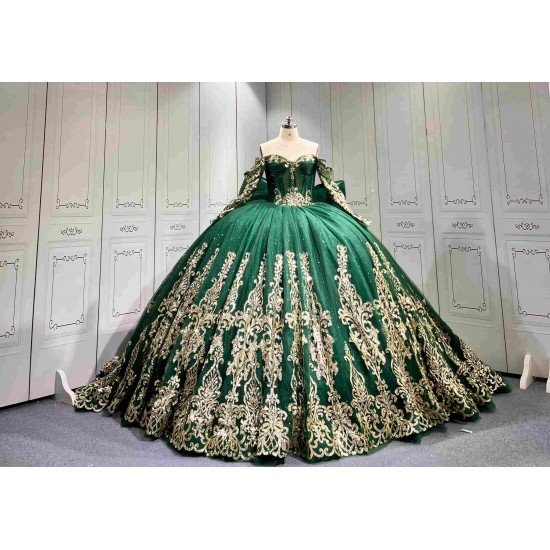 Mumuleo Emerald Green Quinceañera Dress | Off Shoulder Sweetheart Ballgown with Gold Sequin Lace, Detachable Sleeves & Giant Back Bow