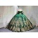 Mumuleo Emerald Green Quinceañera Dress | Off Shoulder Sweetheart Ballgown with Gold Sequin Lace, Detachable Sleeves & Giant Back Bow