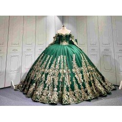 Mumuleo Emerald Green Quinceañera Dress | Off Shoulder Sweetheart Ballgown with Gold Sequin Lace, Detachable Sleeves & Giant Back Bow