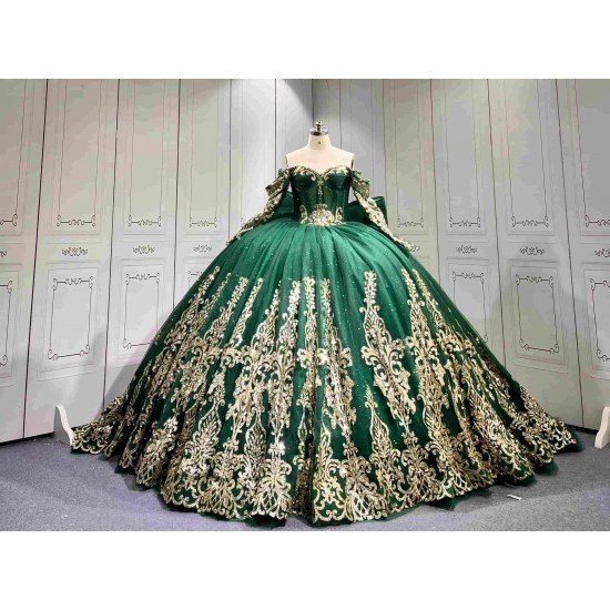 Mumuleo Emerald Green Quinceañera Dress | Off Shoulder Sweetheart Ballgown with Gold Sequin Lace, Detachable Sleeves & Giant Back Bow